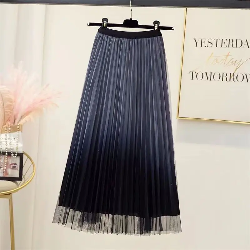 Gradient Pleated Mesh Skirt Women Elastic High Waist Casual A-Line Party Midi Long Skirt Korea Fashion Spring Summer