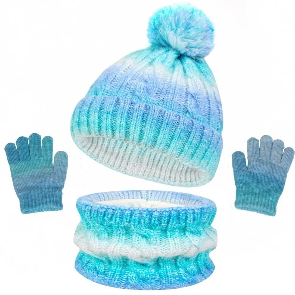 

Gradient Color Baby Hat Scarf Gloves Set Cute Pompom Warm Ears Toddler Knitted Hat with Velvet Keep Warm Hat Set Girls