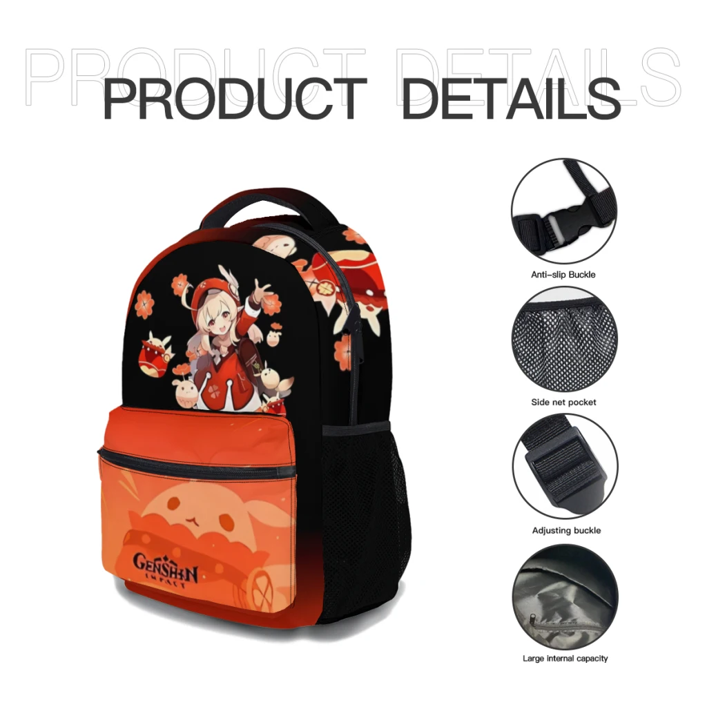 Genshin-Impact Klee Alta Capacidade Mochila Impermeável, Mochila Escolar da Moda para Meninas e Meninos, Nova Moda Feminina, Laptop, 17" 