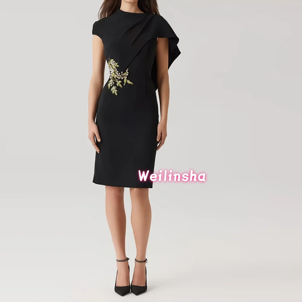 

Customized Luxury Black Mother of the Bride Dresses Appliques Pearls Wedding Guest Gown Short Sleeves Knee Length Party Gown
