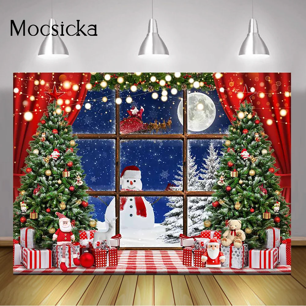 

Winter Snowman Christmas Photography Backdrop Santa Claus Window Xmas Tree Gift Decor Photo Props Kid Family Portrait Background