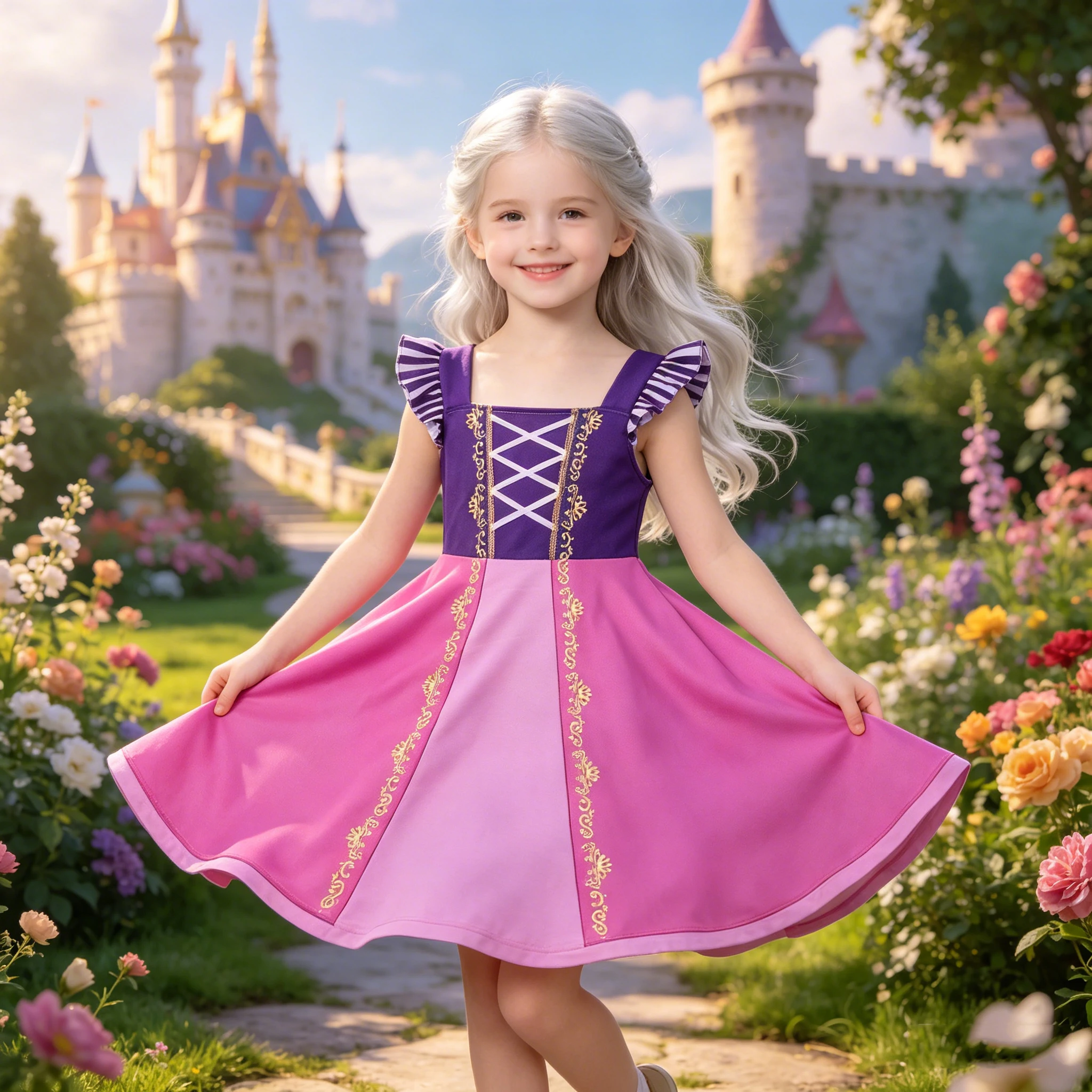Elegant Girls Dress Flying Sleeves Square Neck Printed Princess Dress Rapunzel Cosplay Costume Carnival Princess Party Dress