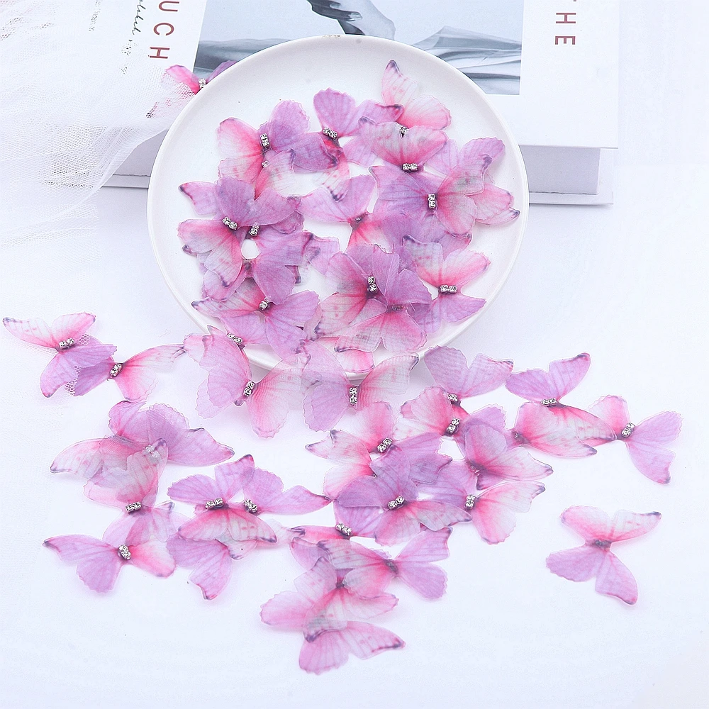 100pcs Gradient Color Organza Fabric Butterfly Appliques 50mm Translucent Chiffon Butterfly For Party Decor, Doll Embellishment