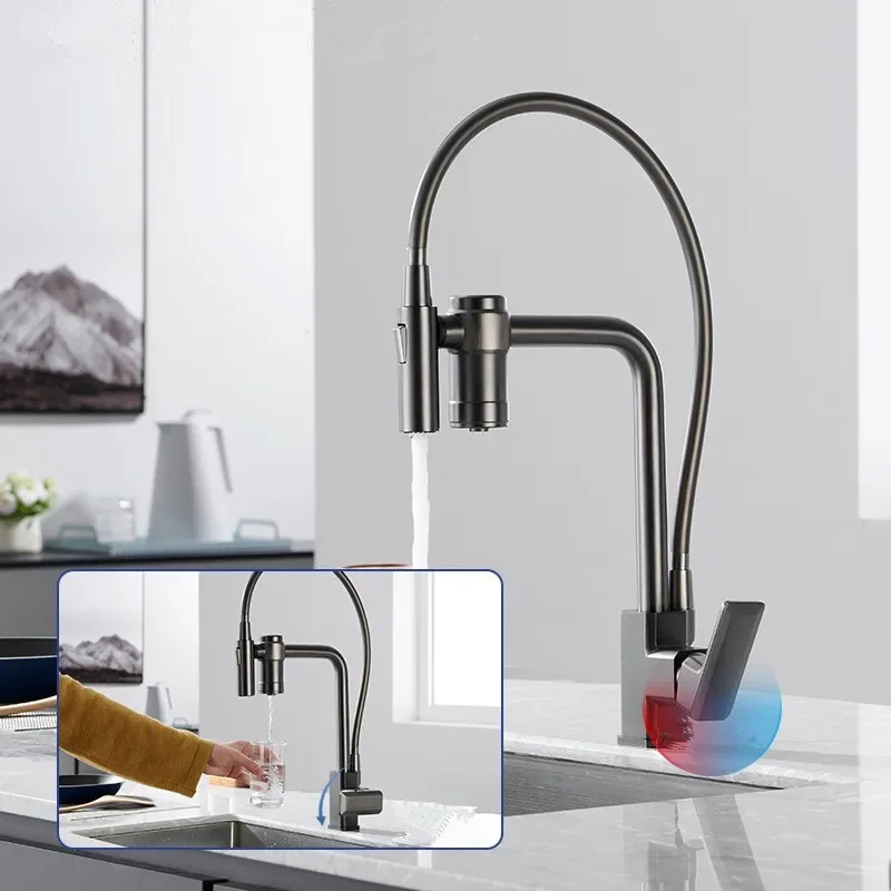 Gray Pull Out Brass Crane For Deck Mounted Black Water Filter Tap Sink Mixer 3 Way Kitchen Faucet