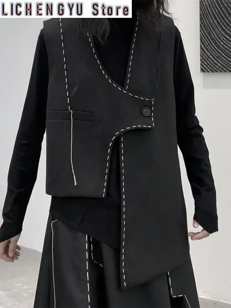 

Women Loose Fit Black Topstitched Casual Irregular Vest New V-collar Sleeveless Fashion Tide Spring Autumn