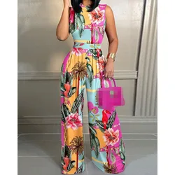 Leisure Vacation Jumpsuit Pants Women Casual Straight Leg Pants Fashionable Printed Sleeveless Stand Up Collar Slim Fit Jumpsuit