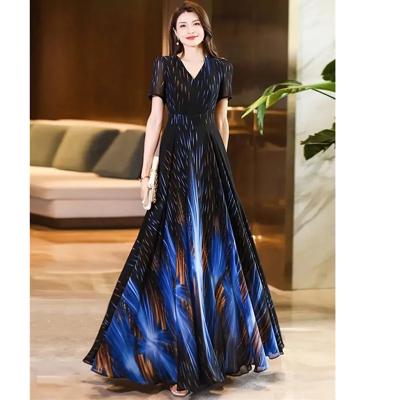 Pendant Sense Dress for Women Summer 2024 New Fashion High end, Elegant Slim and Waist Up V-neck Chiffon Dress Long Dress 4XL