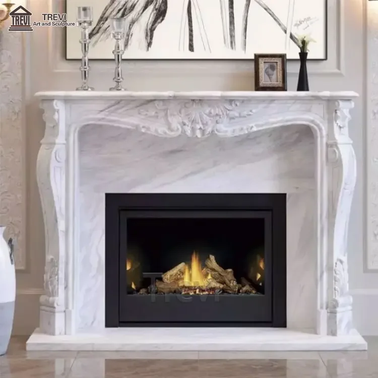 Beautiful Living Room Decoration Hand Carved Natural Stone French Marble Fireplace