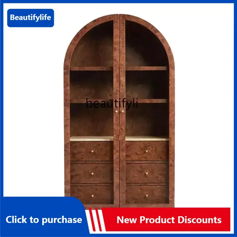 

French retro solid wood wine cabinet, American antique arched bookcase, furniture Nordic simple decorative cabinet