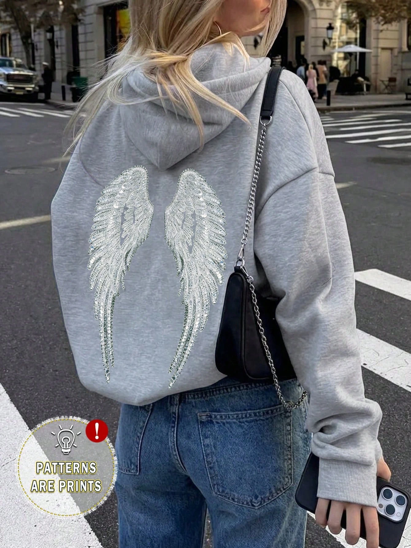 Damen Casual Minimalistisches Kapuzen-Sweatshirt mit Engelsflügel-Print, locker geschnittenes Langarm-Sweatshirt, Street-Trendy Mode für den Alltag. – Detail 2