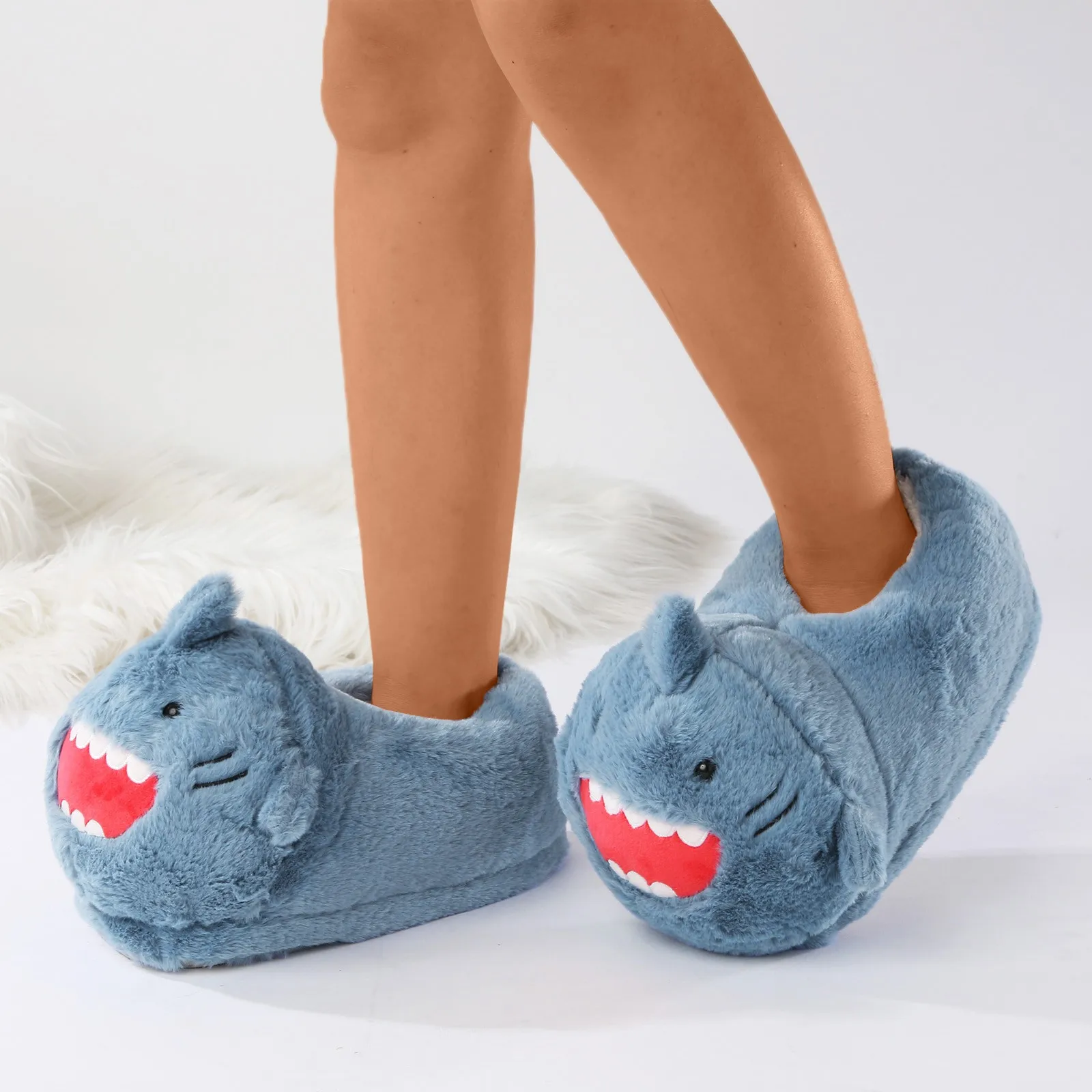 Women Shoes Flat Warm Cotton Slippers Home Shark Cartoon Cute Warm Plush Slippers Kawaii Slippers Non Slippers Plush House  Slip