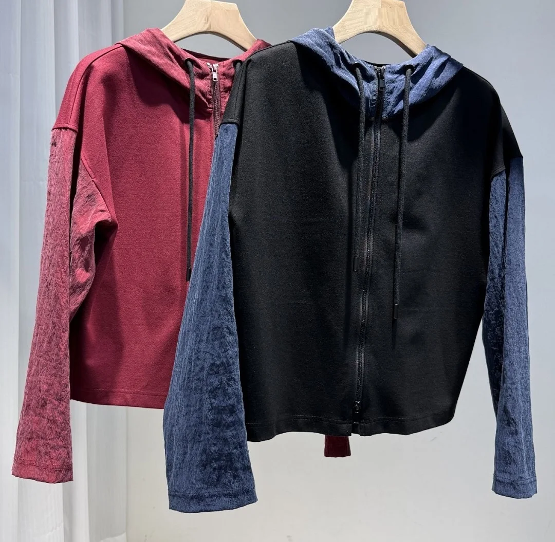 

Hooded Coat Jackets 2025 Autumn Winter Coats High Quality Cotton Women Color Block Patchwork Long Sleeve Red Black Zip Coats