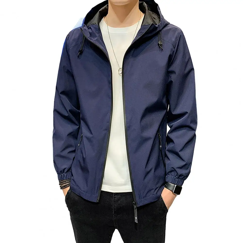 Men Smooth Jacket Men Coat Versatile Men's Mid Length Jacket with Hood Zipper Pockets Elastic Cuff Stylish Spring/fall for A