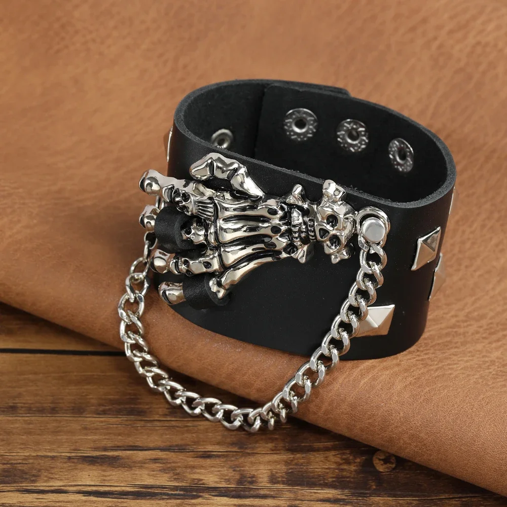 2024  Jewelry Handmade Weave Genuine Leather Skull Bracelet Men Vintage Cuff Wide Leather Rivet Bracelet Pulsera Hombre