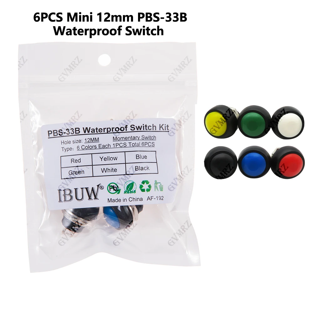6 Stück Mini 12mm Wasserdichter PBS-33B KIT Momentaner EIN/AUS-Druckknopf Runder Schalter Weiß Schwarz Rot Gelb Blau Grün