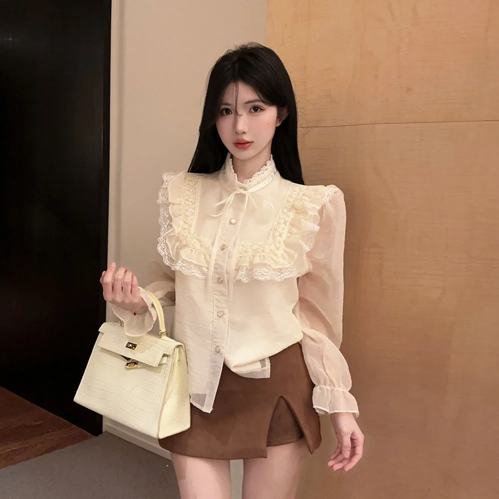 

Ele Vintage Long Sve irt Women's Slim Fit Blouse with Lace Trim Cross-Border Gentle Sle Polyester Fabric Spring 2026