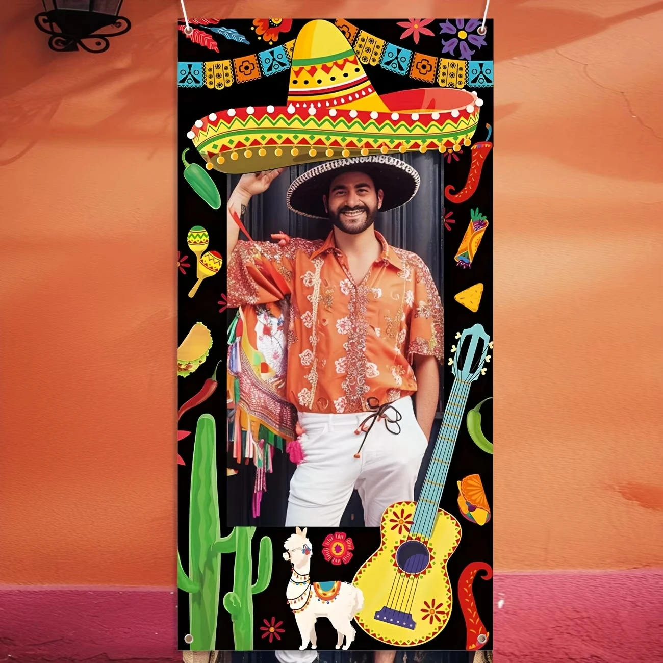 

1Pc Mexican Fiesta Cactus Guitar Photo Booth Prop Frame Banner for Carnival Party Shooting Photo Background Prop Decor Supplies