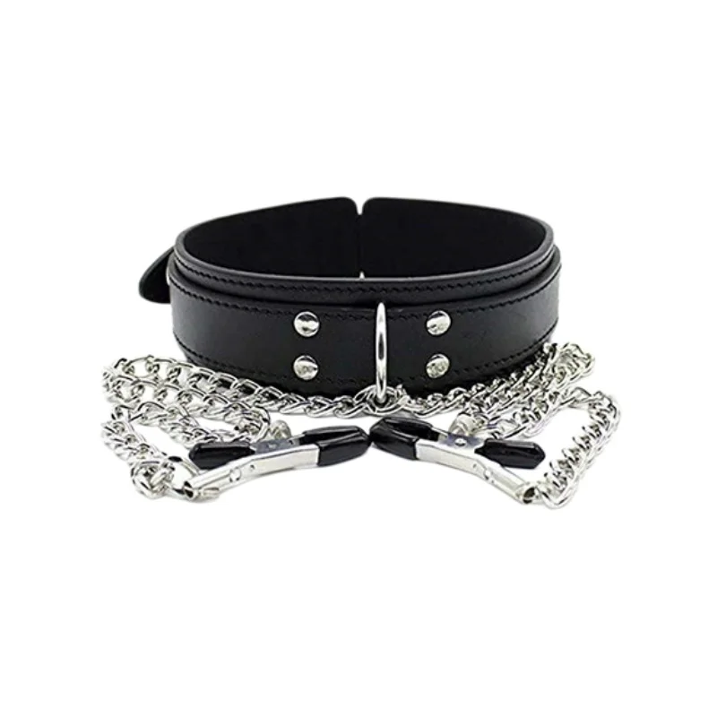 Punk Leather Neck Choker Collar With Chain Nipple Clamp Breast Clip BDSM SM Bondage Toy For Women Adult Erotic Play Accessories 
