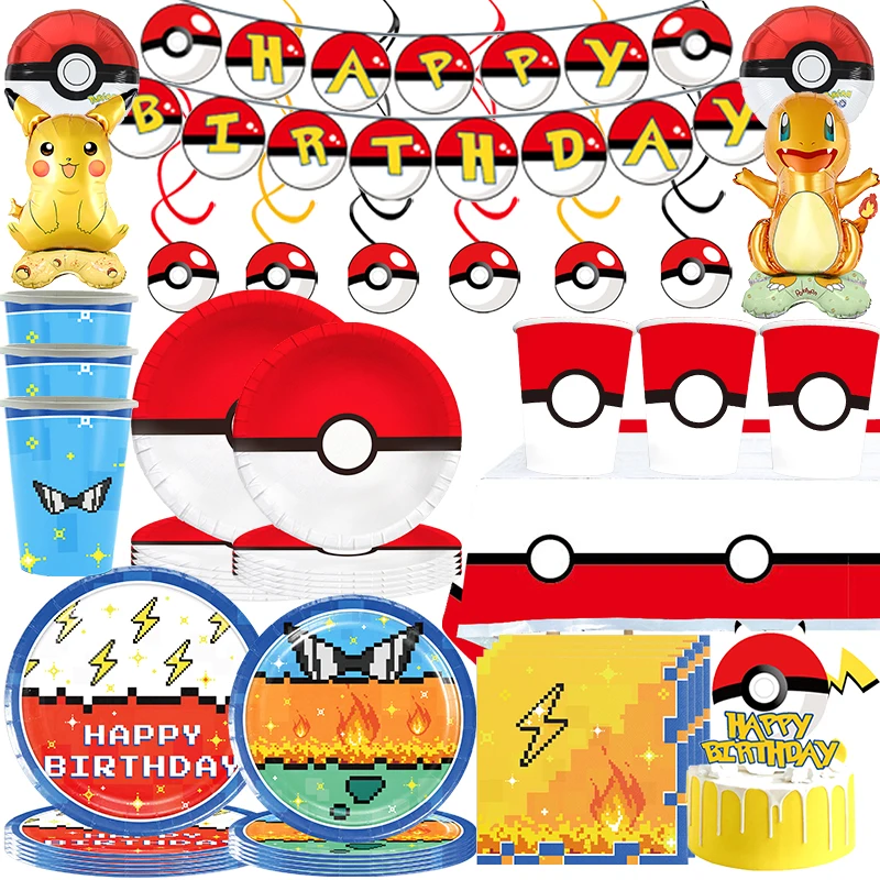 

Pokemoon Birthday Party Decor Paper Tableware Cup Plate Napkin Tablecloth Pokeball Kids Baby Shower Party Supplies Cake Topper