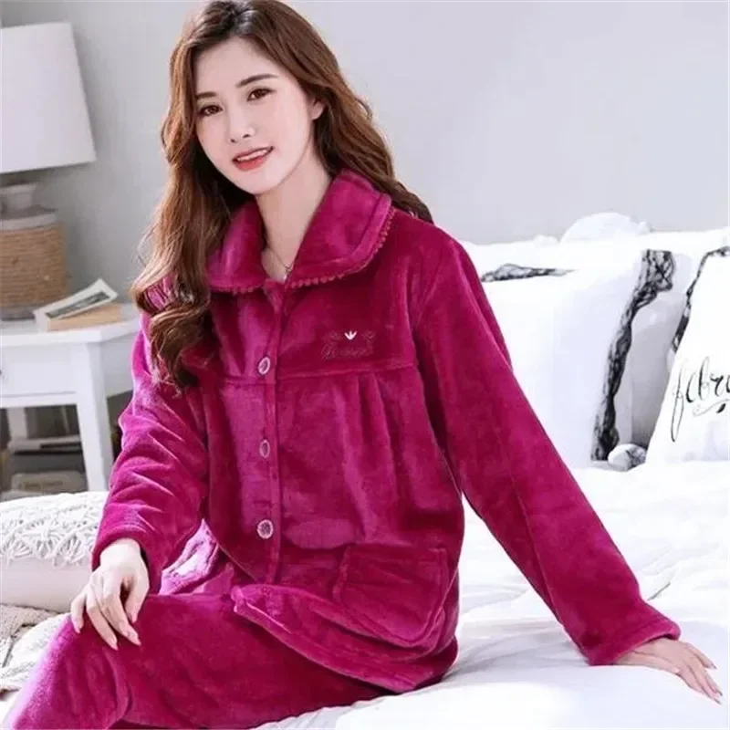 

2026New Autumn Winter Thicken Warm Flannel Pajamas Women's Clothes Loose Long-sleeved Home Clothes Female 2-piece Suit Pajamas