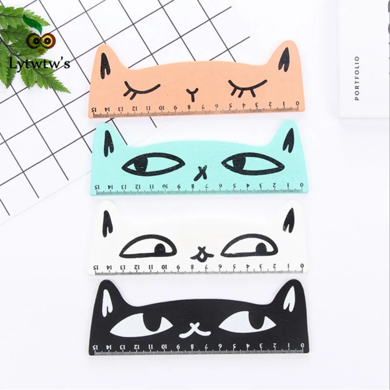 4 Piece Lytwtw\'s Cute Kawaii Black Cat Kitten Straight Ruler Wooden Tools Cartoon Drawing Office School Stationery Supplies