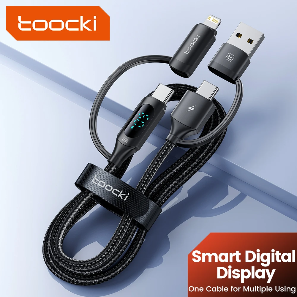 Toocki 4 in 1 USB and Type C Cable to USB C and iP Data Cord PD60W LED Display Fast Charging USB A Wire for iPhone Xiaomi Tablet