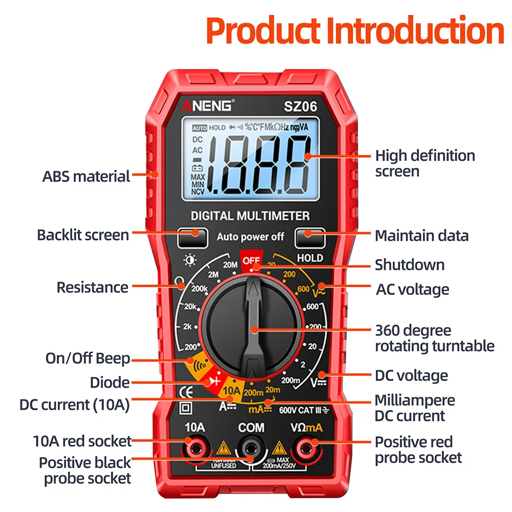 SZ06 Digital Multimeter Voltage Resistance Meter AC/DC Ammeter Voltmeter 2000 Counts Electrician Diode Ohm Tester LCD Backlight