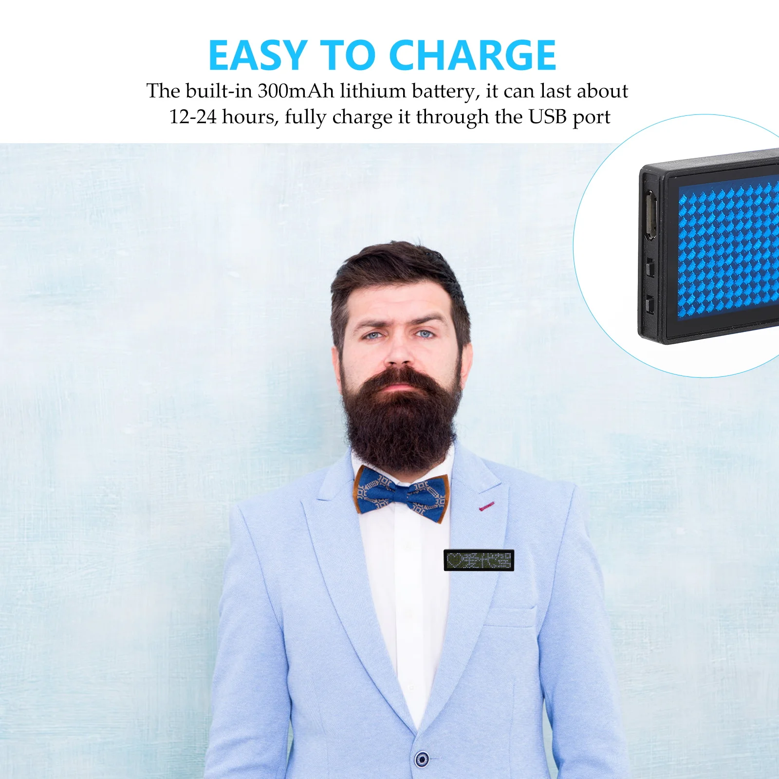 

LED Name Badge Blue Color 300mAh Rechargeable USB Charging Scrolling Message Board LED Tag Sign Programmable Badge Work
