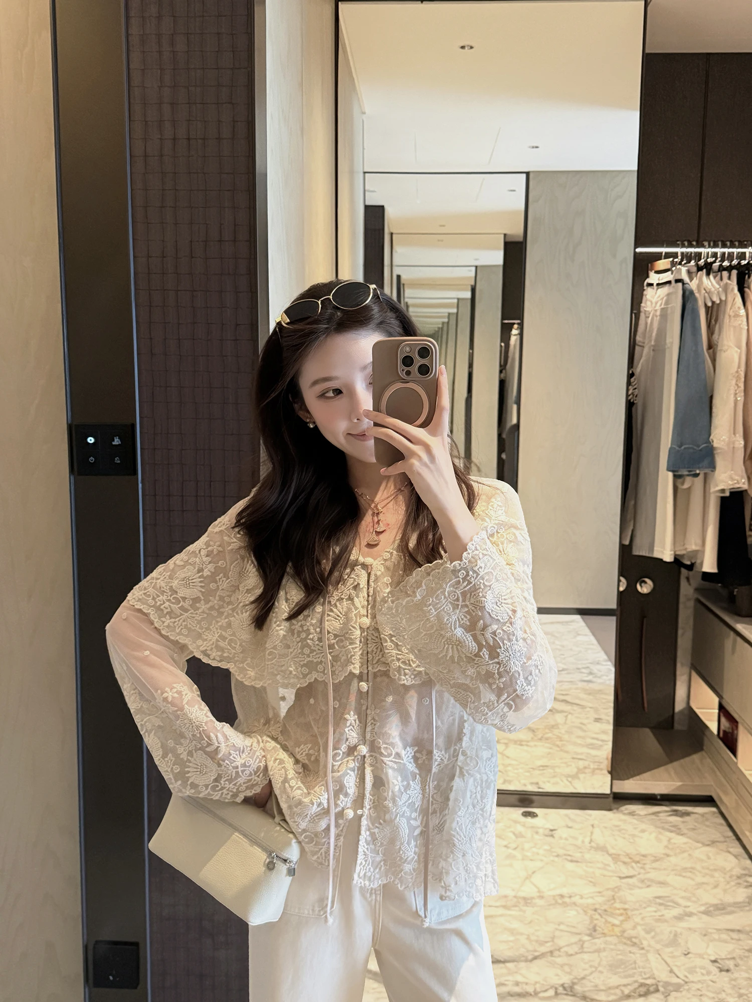 

Loose Casual Embroidered Lace irt YUYU WANG Spring 2026 Breathable Pure Cotton Long Sve round Ne Daily Wear