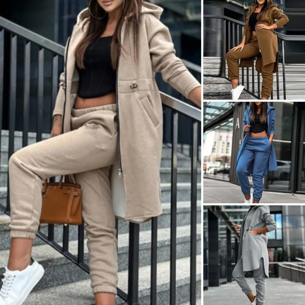 Women Loose Tracksuit Women\'s Hooded Coat Pants Set with Irregular Split Hem Long Sleeve Fleece Tracksuit Elastic Waist