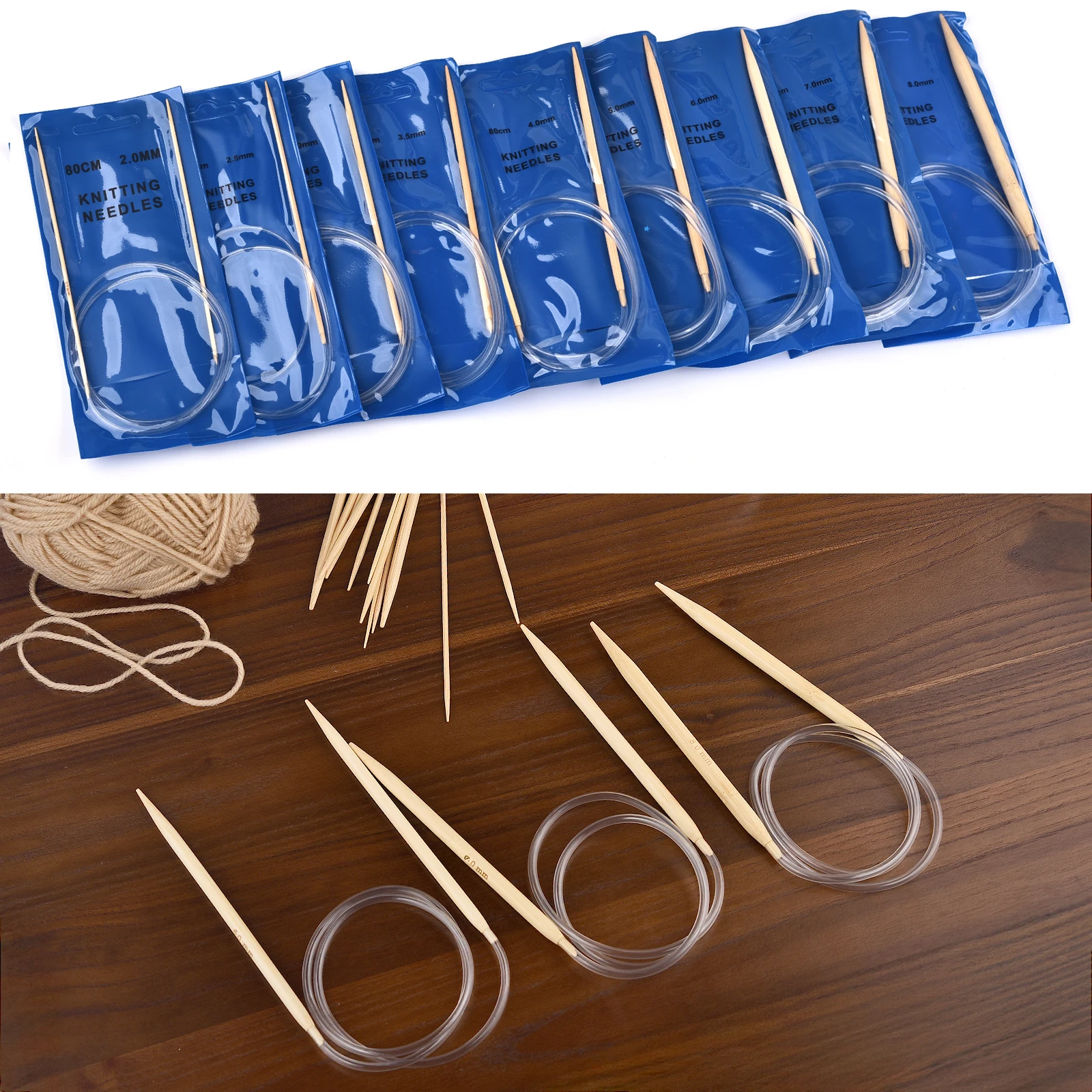 2–8 mm Bambus-Rundnadel, 80 cm langer Ring, Stricken, Doppelspitze, Häkelnadeln, DIY, Stricken, Häkeln, Weben, glattes Nähwerkzeug