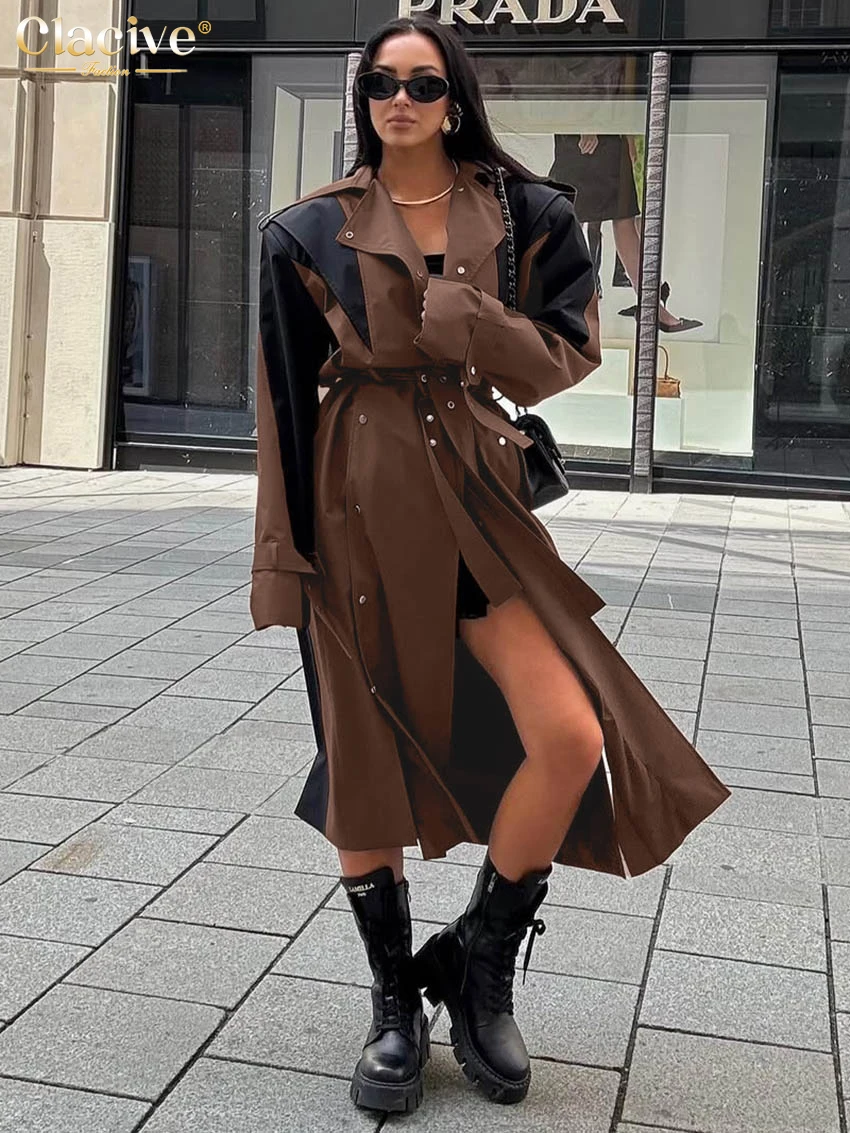Clacive Fashion Loose Brown Cotton Women Coats 2025 Winter Lapel Long Sleeve Coat Elegant Lace-Up Patchwork Top Female Clothing