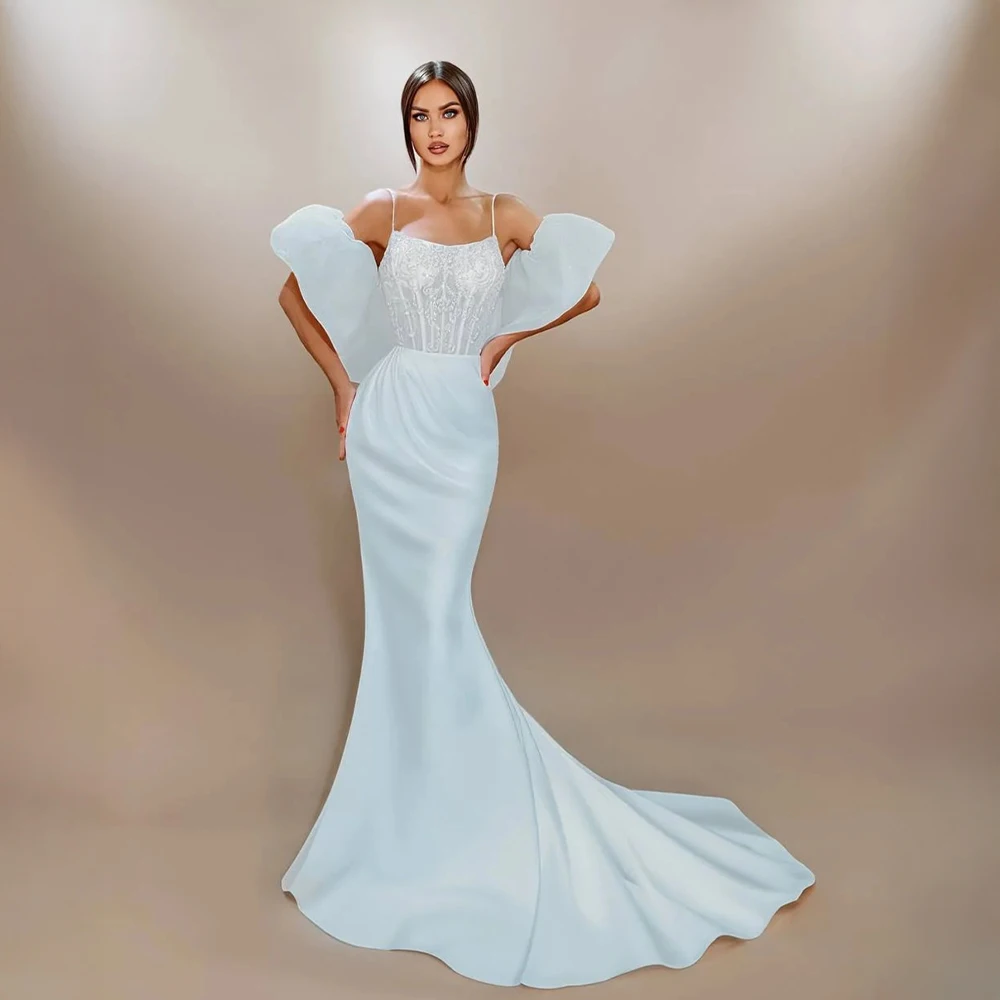 

Свадебное платье русалки на тонких бретельках по индивидуальному заказу с рюшами и открытыми плечами, кружевным лифом, свадебное платье для современных невест