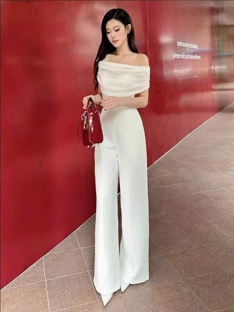 

Elegant Goddess Style One-Piece Summer Suit Women's Neck Hanging Slimming Wide Leg Pants High Waist Long Pants Commute
