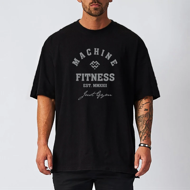 Oversized Loose Gym Fitness T-shirt Summer Mesh Breathable Short Sleeve Muscle Shirt Mens Bodybuilding Muscle Quick Dry Clothing