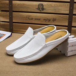 Summer Men Casual Loafers Fashion Breathable Genuine Leather Slippers Outdoor Light Mules Cool Half Shoes Italian Design Sandals