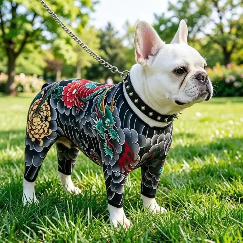 Cool Stylish Dog Tattoo Jumpsuit Flower Print 4 Legged Bodysuit Stretch Comfort Pet Clothes Full Body Cover Outfit For Dogs