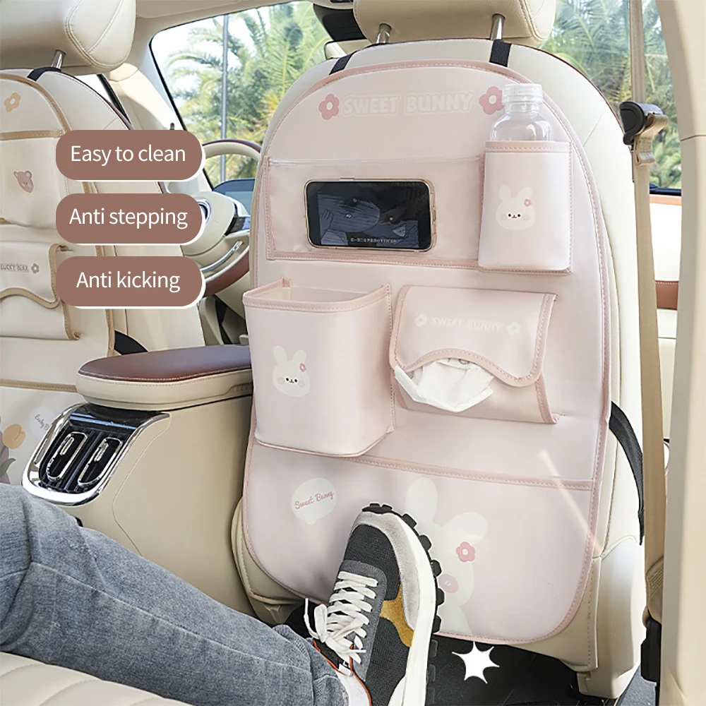 Cartoon Car Seat Back Storage Bag Leather Multifunction Car Backseat Organizer Cup Holder Tissue Holder Anti Kick Pad