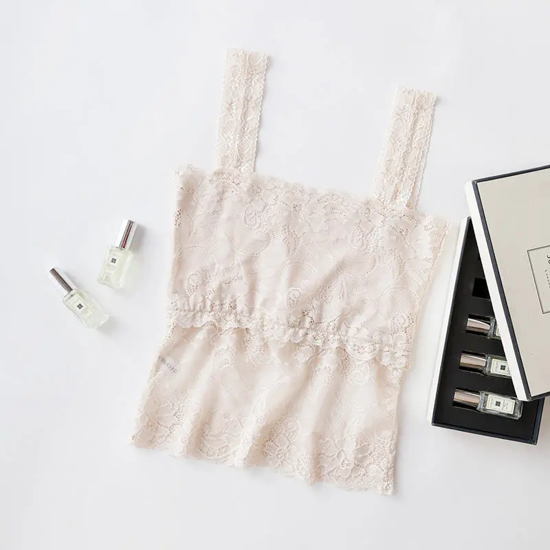 Women 100% Mulberry Silk Full Lace Non-Pads Half Cami Spaghetti Strap Top Bandeau Tube Top Bralette TG427
