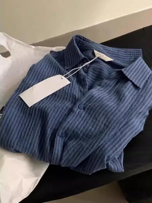 

plus Size 300 Pounds Blue Striped Long Sleeve Women's Shirt Spring Autumn Outerwear Layering Vintage Hong Kong Style Top