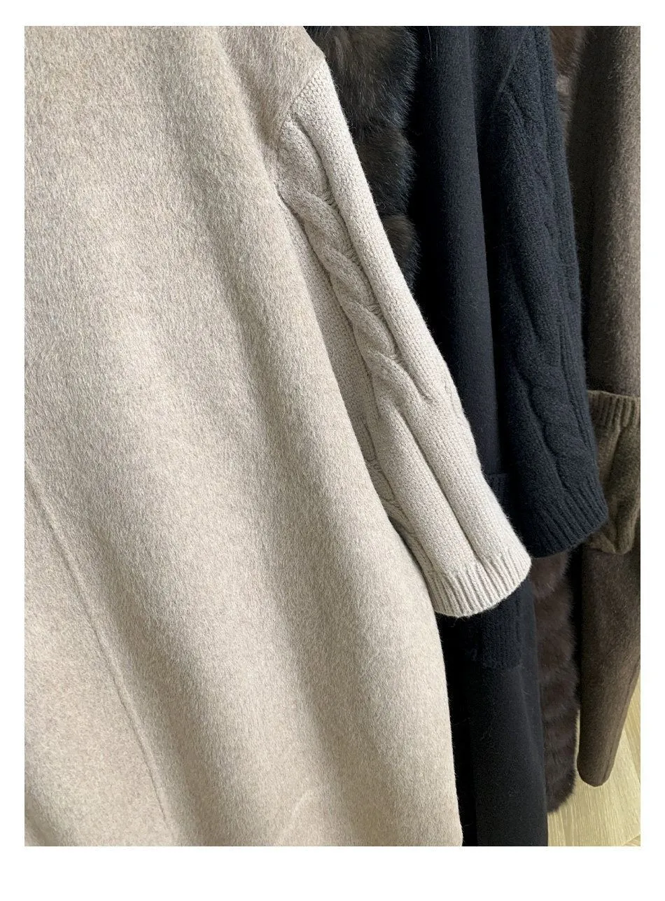 New Luxury Winter Real Natural Fox Fur Collar Woolen Blends Knit Long Overcoats Women Loose Warmth Cashmere Fur Jacket