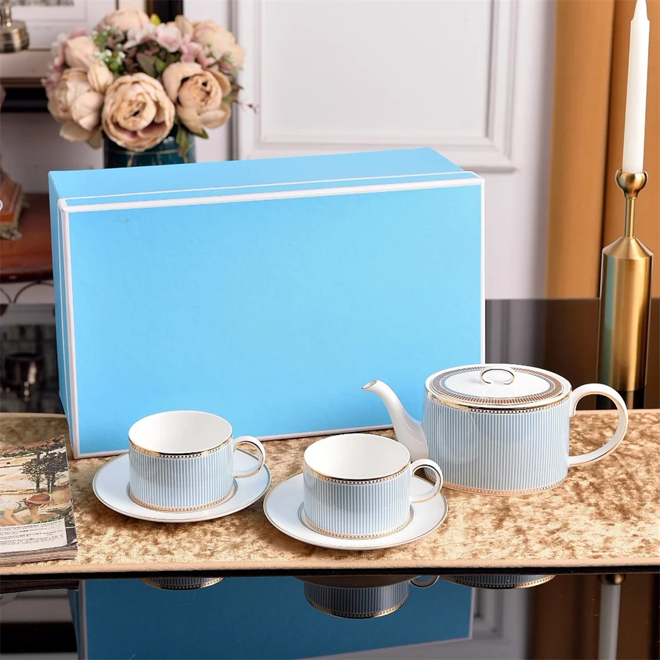 British Blue Striped Gold Borders Bone China Coffee Cup And Saucer Set High-end Afternoon Tea Sets Light Luxury Teapots Mugs
