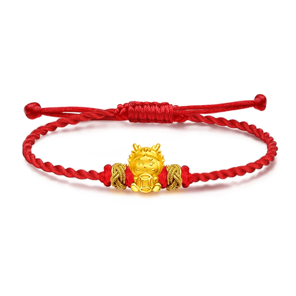 

New Pure 24K Yellow Gold 3D Lovely Dragon Bead Red Cord Knitted Bracelet 0.5g