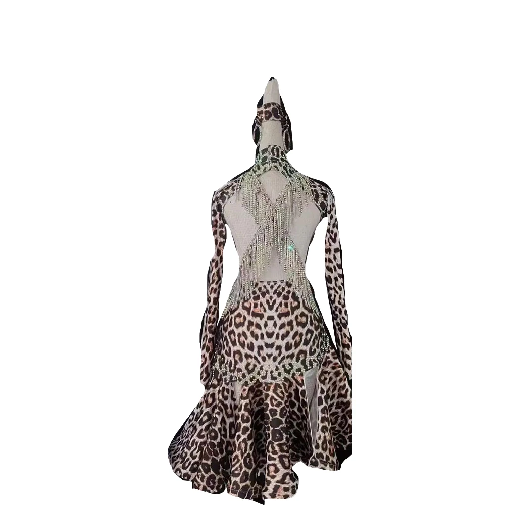 فستان احترافي للرقص اللاتيني عالي الجودة مخصص برقبة عالية وطباعة الفهد بدون ظهر تانجو للسيدات البالغات والأطفال زي المسرح