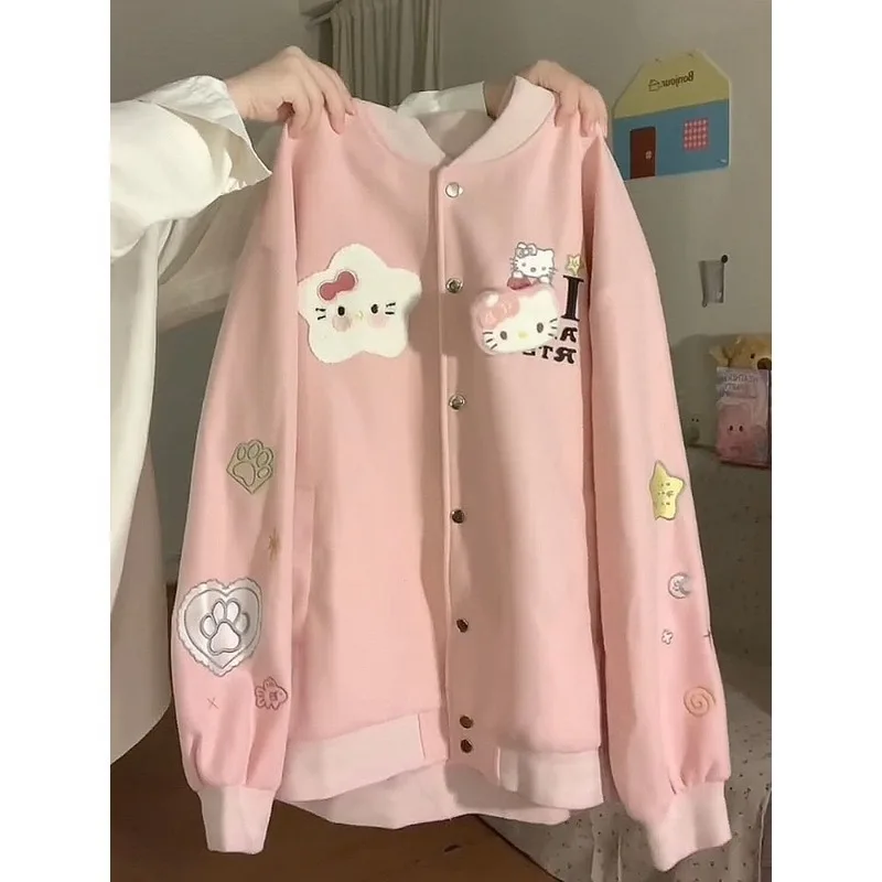 

Трехмерная куртка-кардиган с вышивкой HelloKitty для девочек на весну и осень, свободная милая и милая верхняя одежда в студенческом стиле