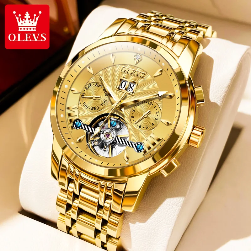 

OLEVS 9965 Automatic Mechanical Watch For Men Skeleton Flywheel Waterproof Men's Watches Week Calendar Luxury Man Wristwatches