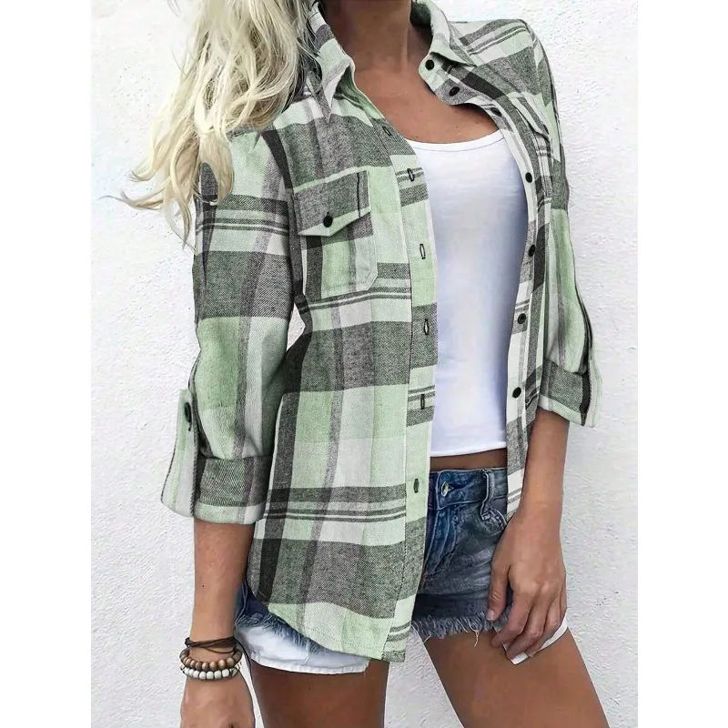 حجم كبير أزياء المرأة الجديدة منقوشة قميص مطبوع عارضة فضفاضة قميص طويل الأكمام التلبيب تصميم قميص قمم