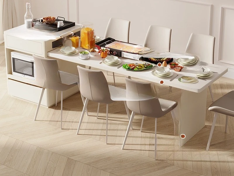 

Cream wind retractable island table integrated household small apartment French pumping grid design