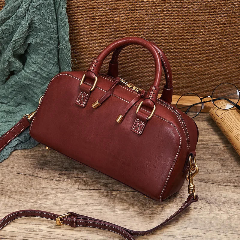 2023 New Handmade Pure Leather Retro Carry-on Women's Bag, Small Design, Texture Boston Bag, Vegetable-tanned Leather Pillow Bag