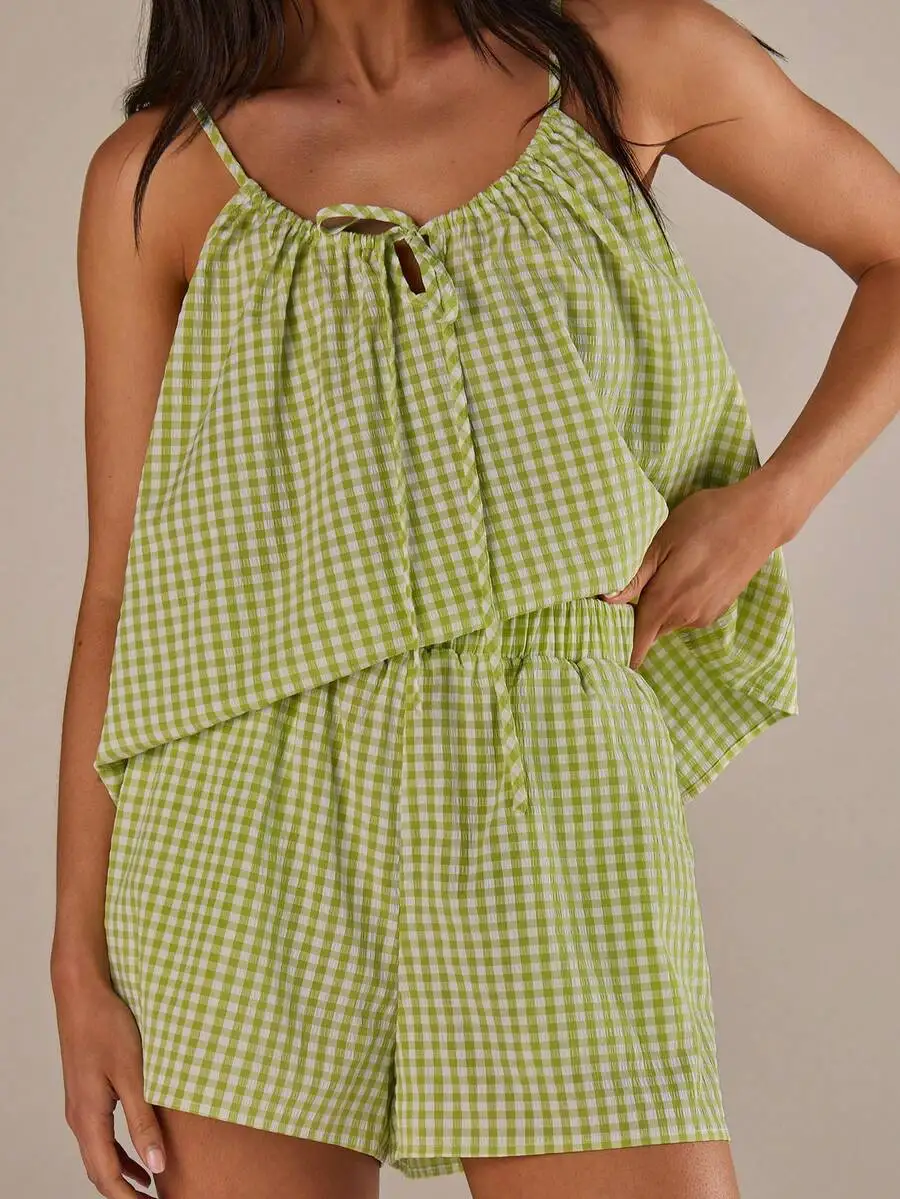

Womens Green Plaid Sleeveless Off-Shoulder Top And Loose Shorts 2-Piece Set Casual Summer Outfit